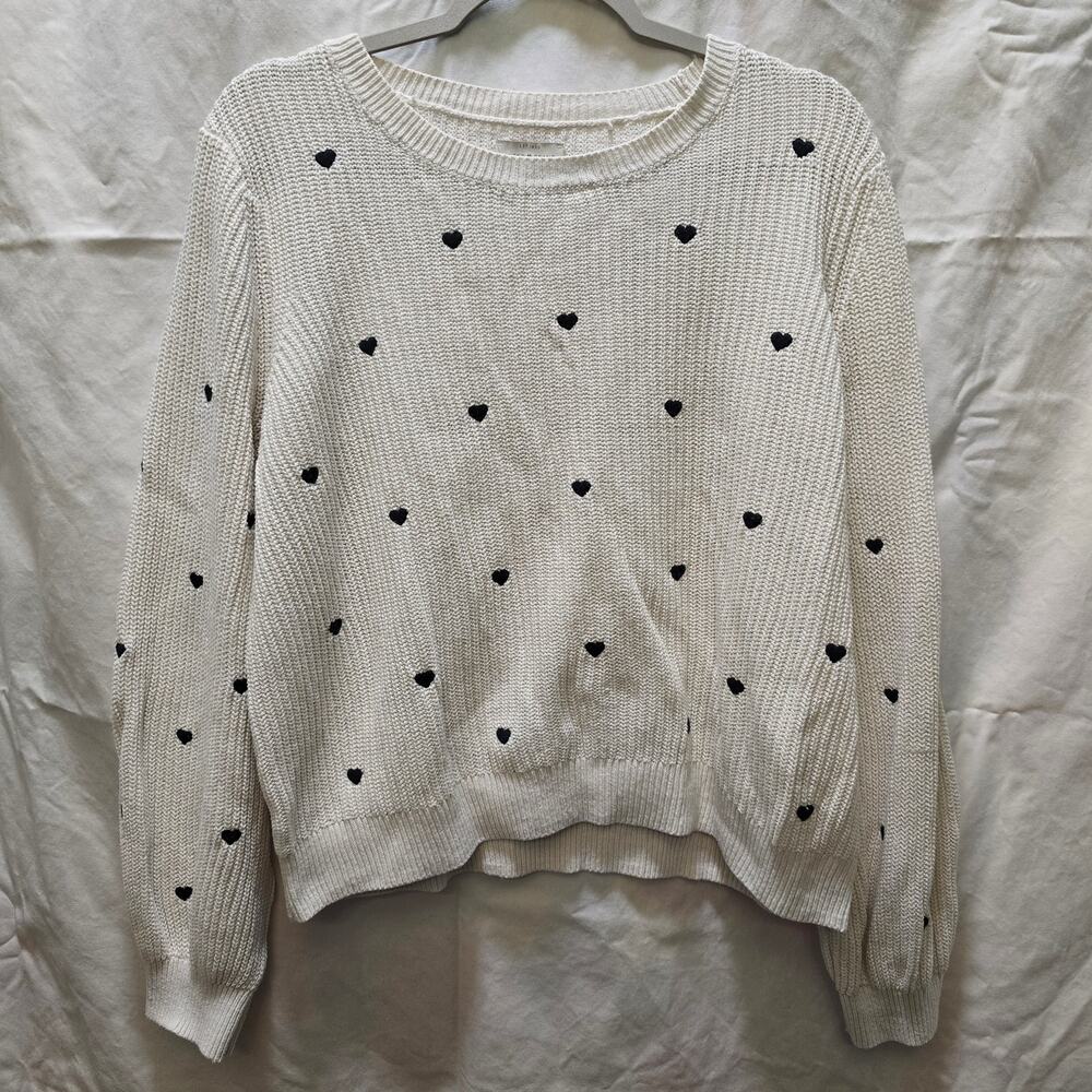 Lucky Brand white knit long sleeve sweater black embroidered hearts large